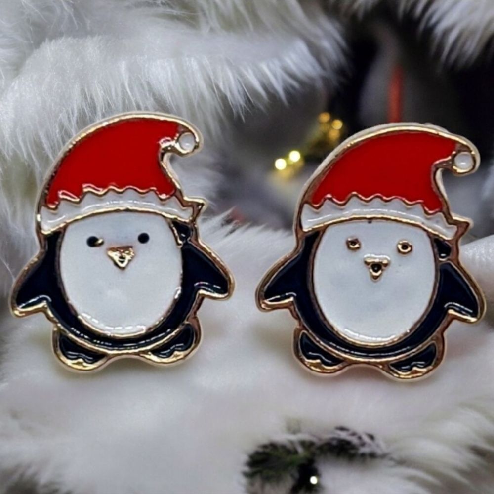 Holiday Earrings 🎄Penguin Santa Festive Christmas Gold Enamel Stud Post Jewelry